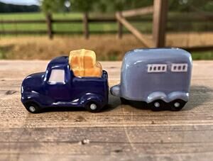 Unmarked Salt & Pepper Shakers Set of 2 Ceramic Glossy Truck & Camper Blue